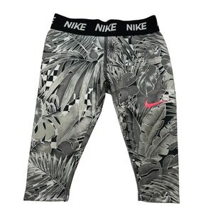 Nike Pro Girls Capri Leggings Size S 4/5 Black Gray Palm Tropical Athletic Pants